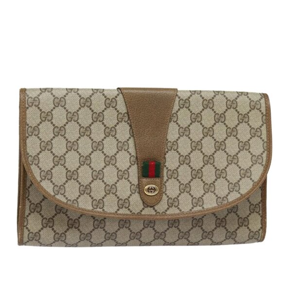 GUCCI GG Supreme Web Sherry Line Clutch Bag Beige Gold 89 01 031 Auth - Picture 1 of 14